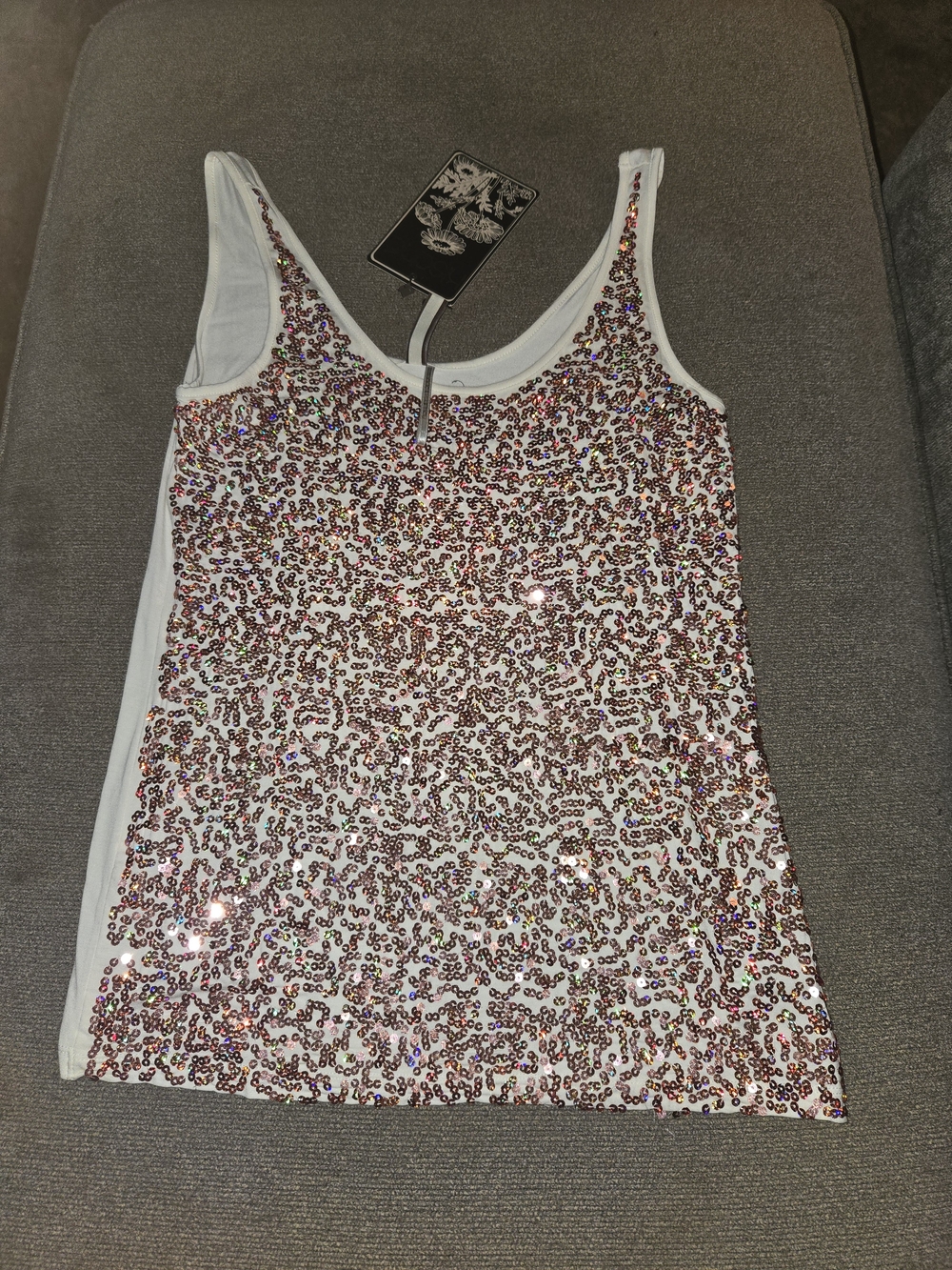 Kische White Sequin Scoop Tank with Iridescent Rose Accents